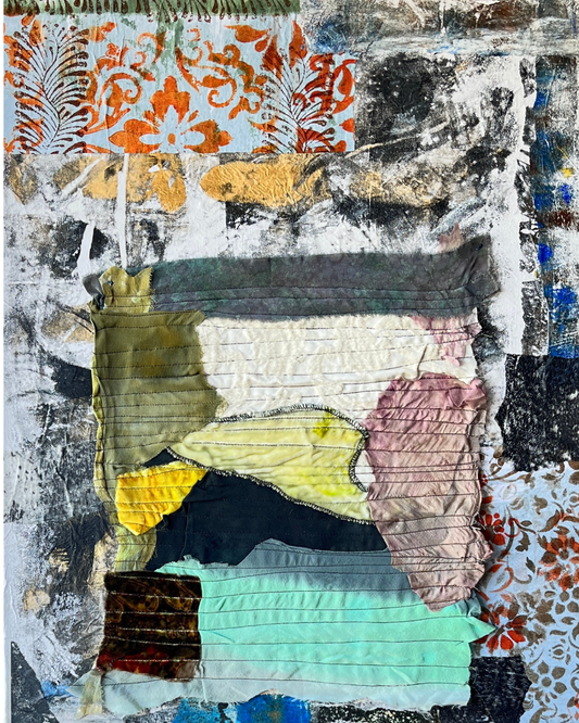 Collage art with textured patterns and colors