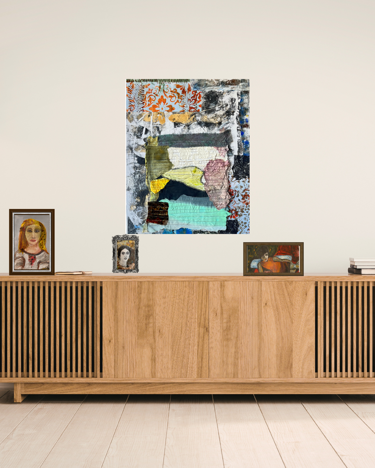 Colorful abstract painting on a wall above a wooden console table with decorative items.
