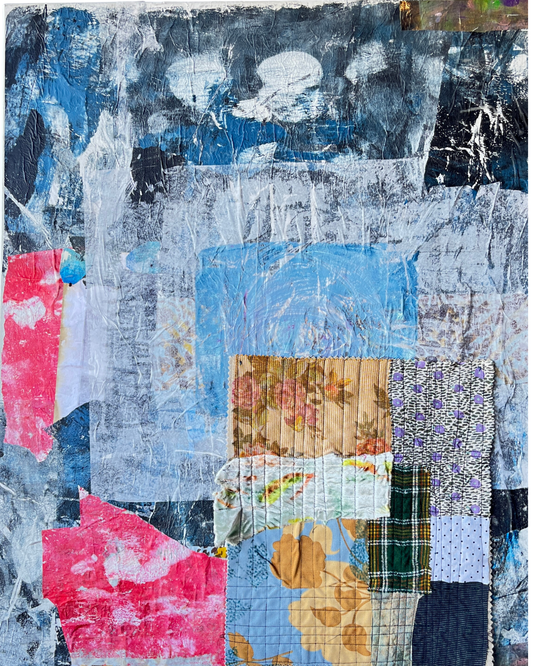 Collage with various textures and colors including blue, pink, and floral patterns.