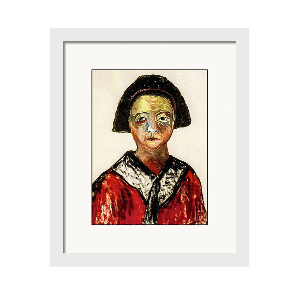 Portrait print of a woman named Winifred in a red and black vintage garment, with a moody expression and painterly facial tones. From the She in Red collection.