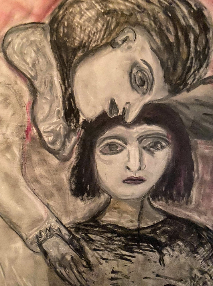 Expressionist painting of two women, one whispering to the other in an intimate gesture. Their eyes are wide and solemn, with soft red and gray tones.
