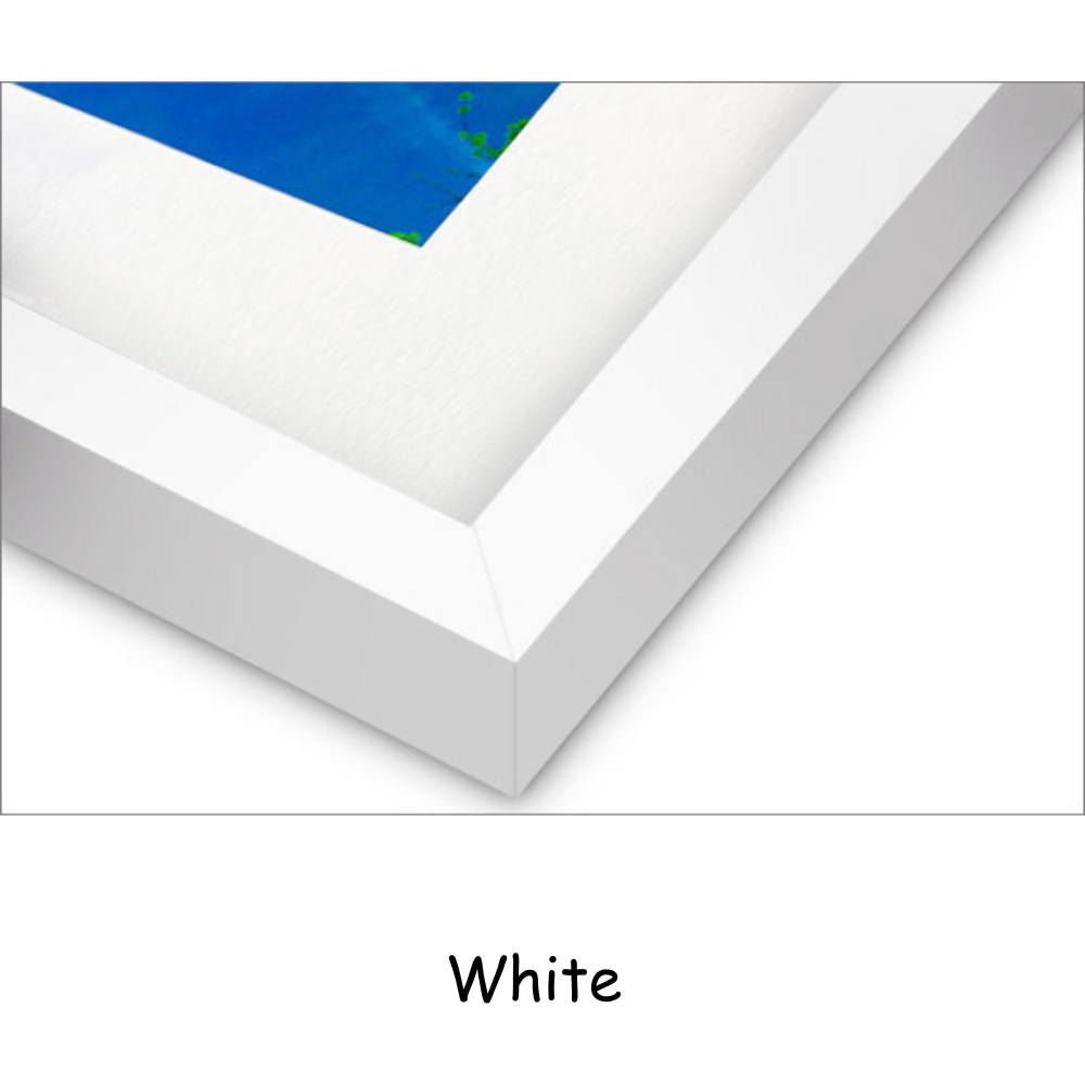 White frame with a corner cutout showing a blue and green background
