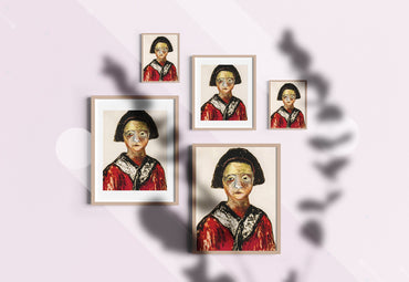 Portrait print of a woman named Winifred in a red and black vintage garment, with a moody expression and painterly facial tones. From the She in Red collection.