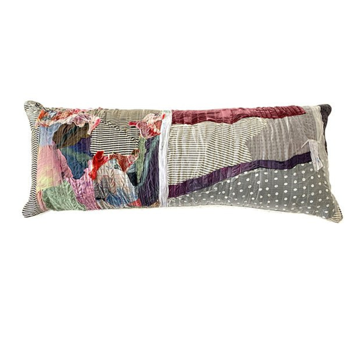Handcrafted abstract patchwork lumbar pillow by Sara Palacios, made with hand-painted fabrics and textile collage, decorative bedding accent.