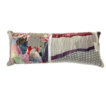 Handcrafted abstract patchwork lumbar pillow by Sara Palacios, made with hand-painted fabrics and textile collage, decorative bedding accent.