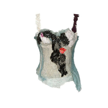 Art print of a white corset designed by Sara Palacios, featuring hand-painted textiles and detailed embellishments from her wearable art fashion line.