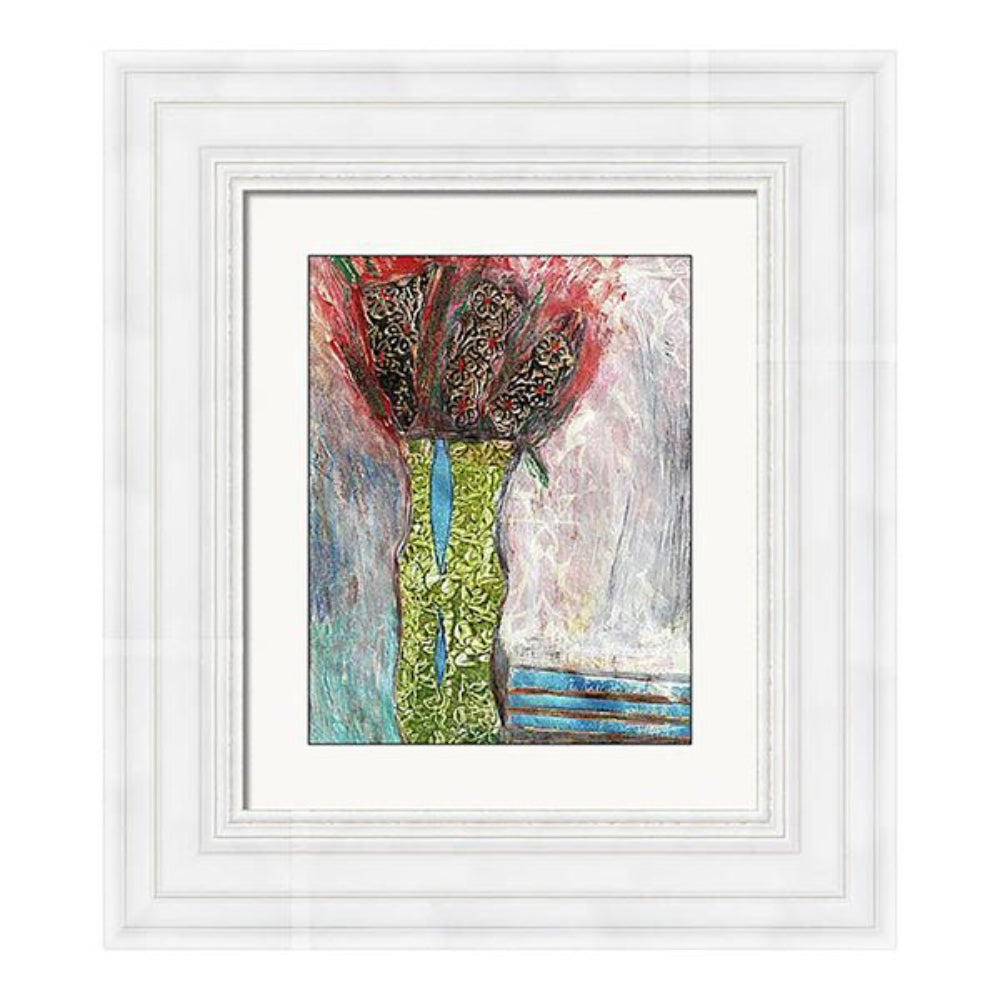 Mixed media collage titled Ice Moon by Sara Palacios. The piece showcases a tall green vase with blue accents holding dark, richly patterned blooms, surrounded by textured strokes in cool blues and soft pinks. The layered background and dramatic color contrast evoke a wintery, elegant mood.