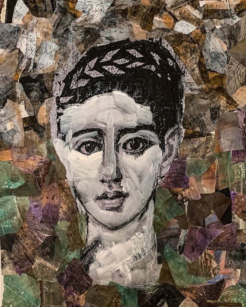 A black and white collage portrait of a woman with expressive eyes, surrounded by layered hand-painted paper textures in earth tones and purples.
