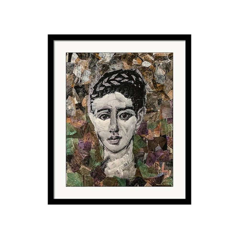 A black and white collage portrait of a woman with expressive eyes, surrounded by layered hand-painted paper textures in earth tones and purples.