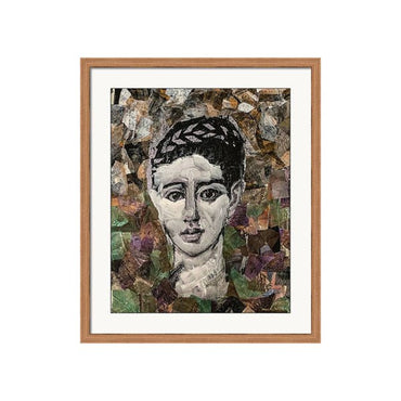 A black and white collage portrait of a woman with expressive eyes, surrounded by layered hand-painted paper textures in earth tones and purples.
