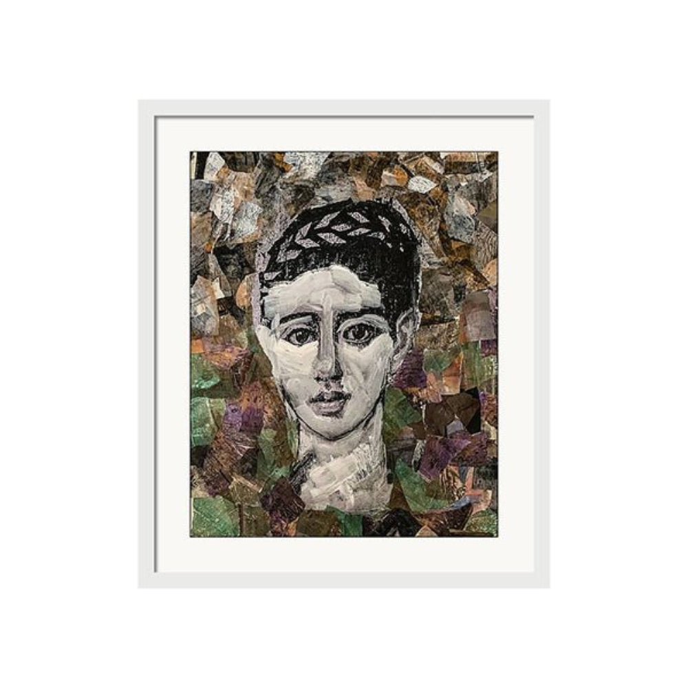 A black and white collage portrait of a woman with expressive eyes, surrounded by layered hand-painted paper textures in earth tones and purples.