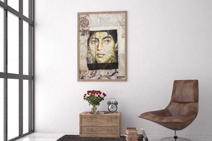 Ina and Her World - Art Print - Sara Palacios Designs - eclectic collage of a face of a woman in a fabric collage, framed with a leather modern chair