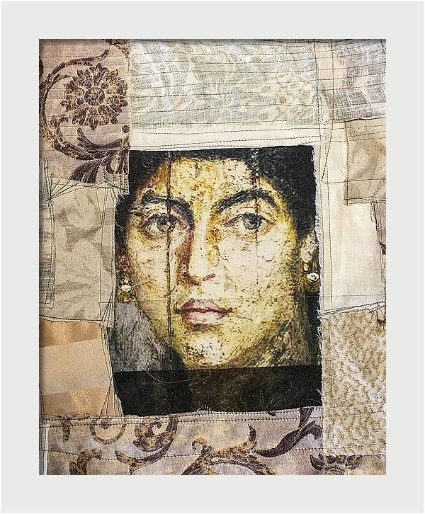 Ina and Her World - Art Print - Sara Palacios Designs - eclectic collage of a face of a woman in a fabric collage, framed 